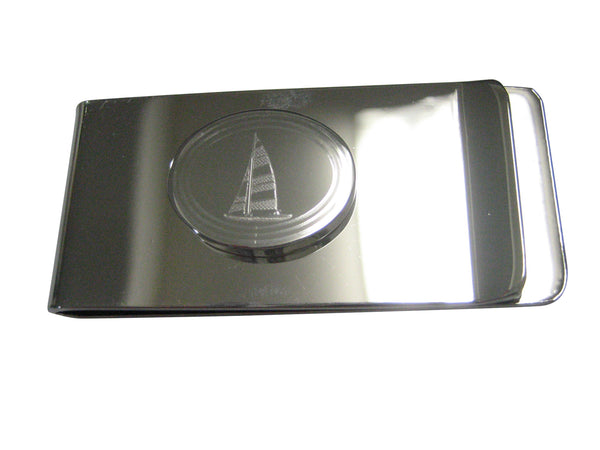 Silver Toned Etched Oval Nautical Sail Boat Money Clip
