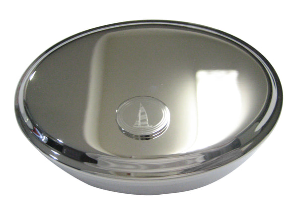 Silver Toned Etched Oval Nautical Sail Boat Oval Trinket Jewelry Box
