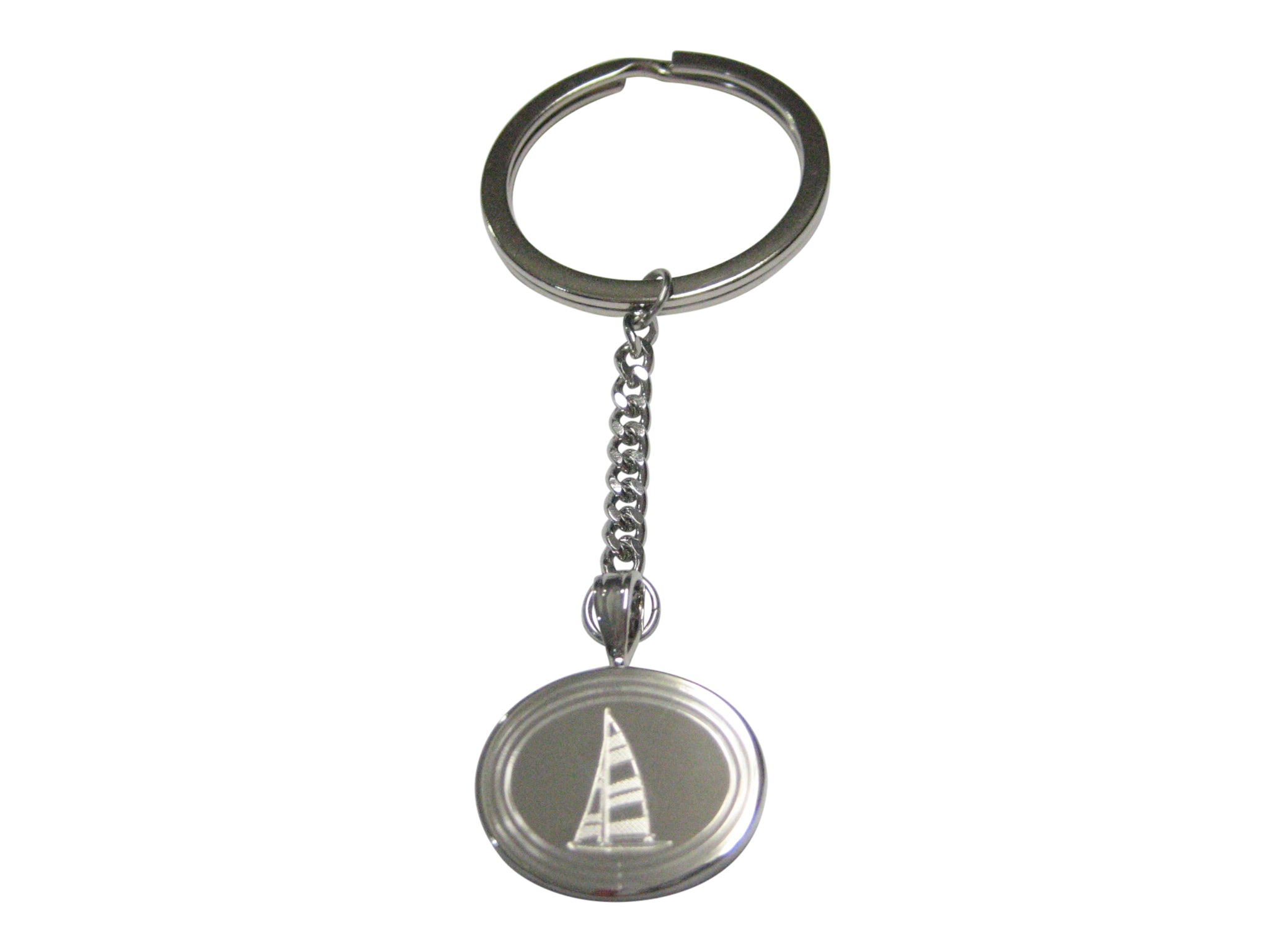 Silver Toned Etched Oval Nautical Sail Boat Pendant Keychain