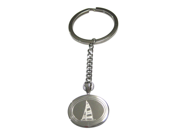Silver Toned Etched Oval Nautical Sail Boat Pendant Keychain