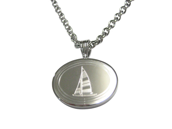 Silver Toned Etched Oval Nautical Sail Boat Pendant Necklace