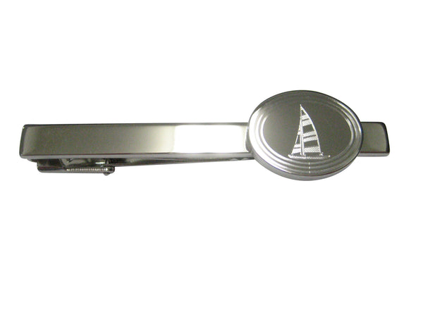 Silver Toned Etched Oval Nautical Sail Boat Tie Clip