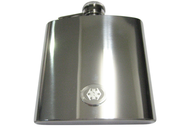 Silver Toned Etched Oval Paramedic Star of Life Symbol 6oz Flask