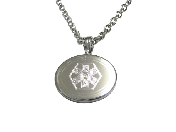 Silver Toned Etched Oval Paramedic Star of Life Symbol Pendant Necklace