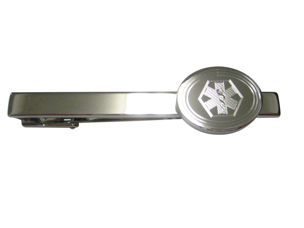 Silver Toned Etched Oval Paramedic Star of Life Symbol Tie Clip