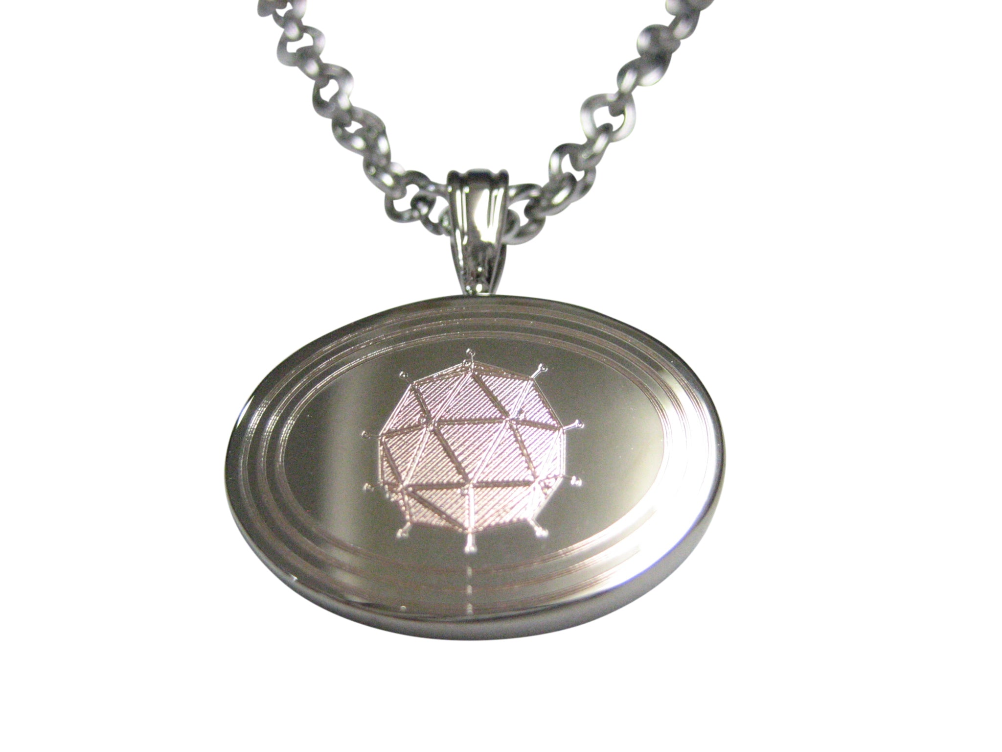 Silver Toned Etched Oval Polyhedral Virus Pendant Necklace