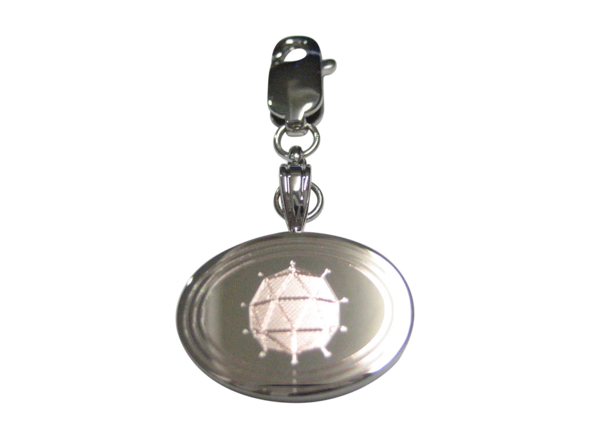 Silver Toned Etched Oval Polyhedral Virus Pendant Zipper Pull Charm