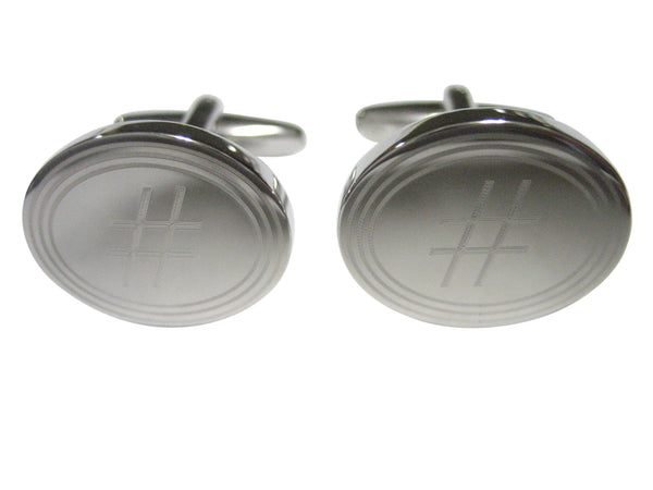 Silver Toned Etched Oval Pound Hash Tag Symbol Cufflinks