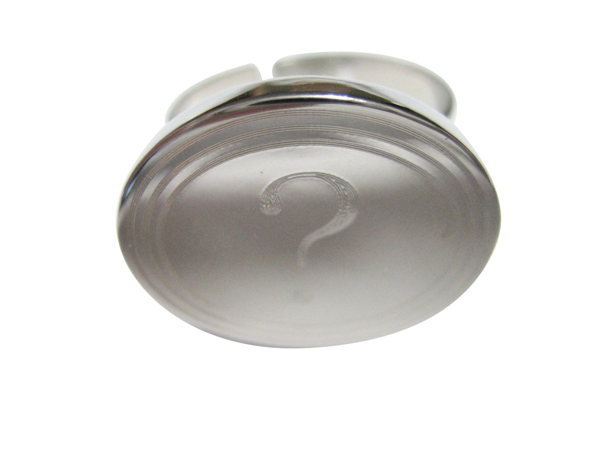 Silver Toned Etched Oval Question Mark Adjustable Size Fashion Ring