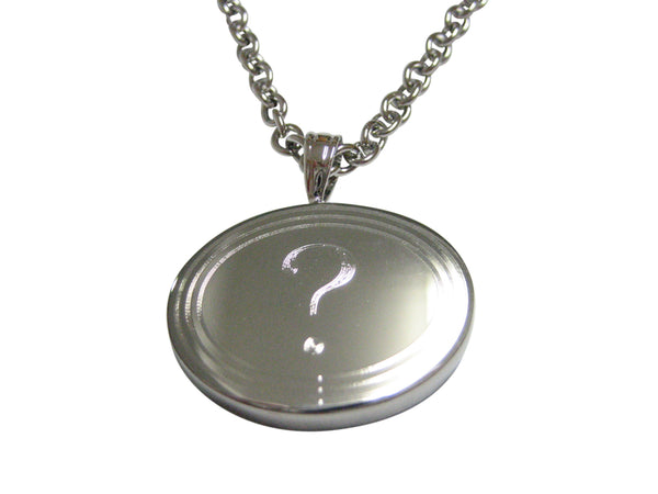 Silver Toned Etched Oval Question Mark Pendant Necklace