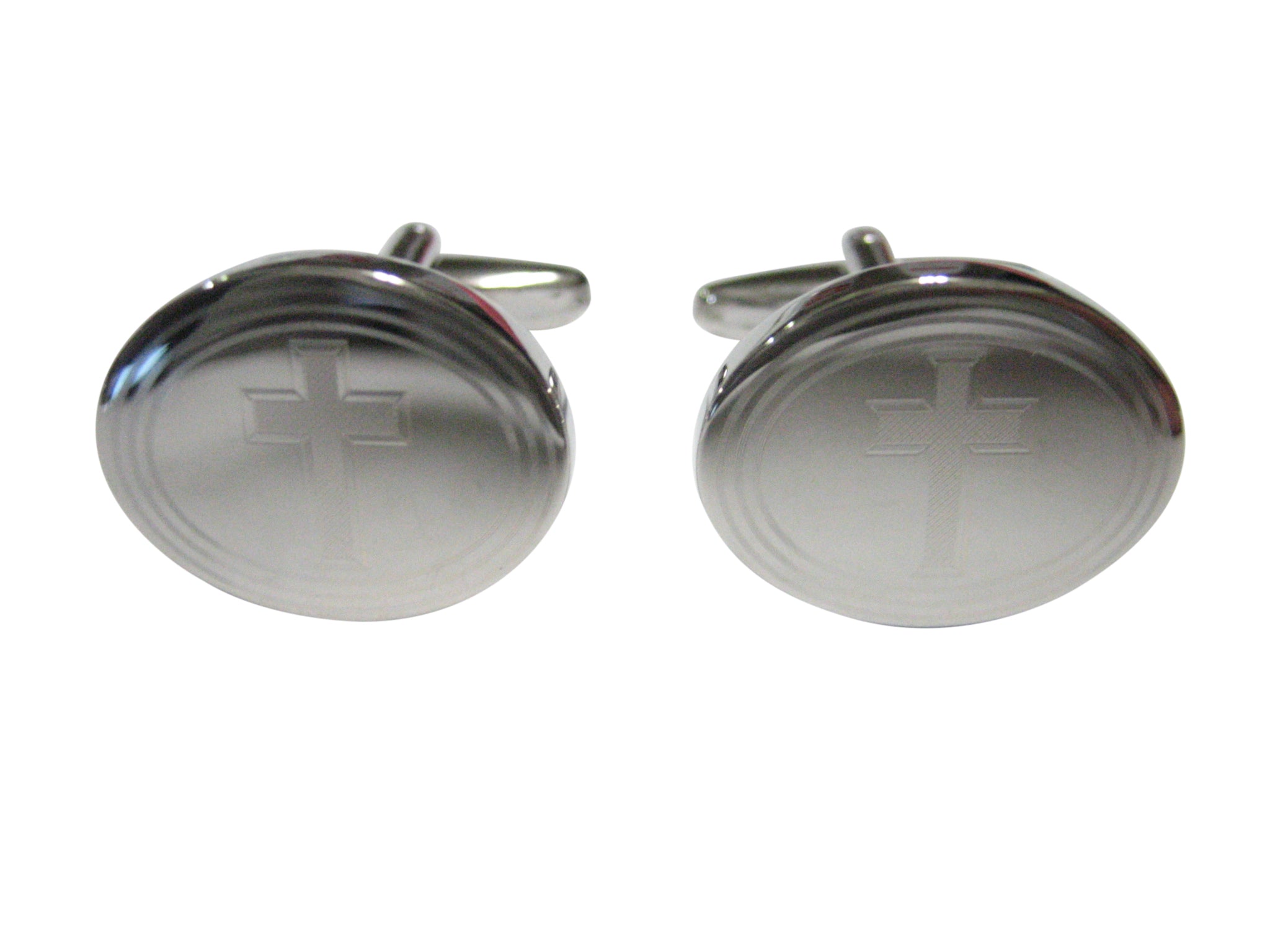 Silver Toned Etched Oval Religious Cross Cufflinks