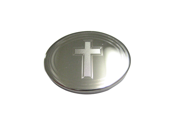 Silver Toned Etched Oval Religious Cross Magnet
