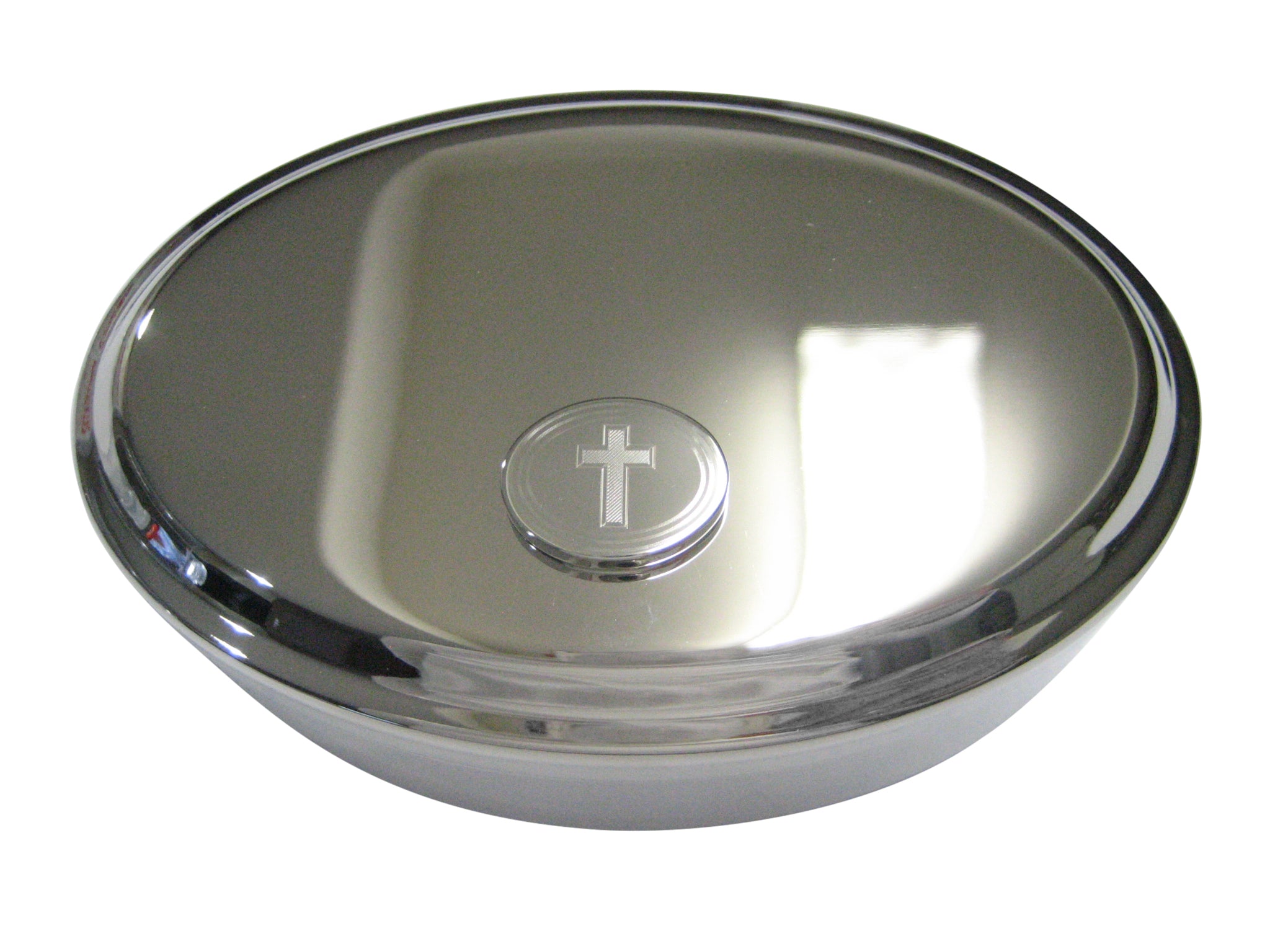 Silver Toned Etched Oval Religious Cross Oval Trinket Jewelry Box