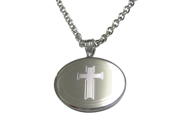 Silver Toned Etched Oval Religious Cross Pendant Necklace