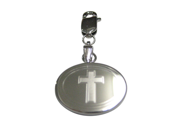 Silver Toned Etched Oval Religious Cross Pendant Zipper Pull Charm