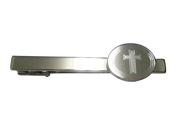 Silver Toned Etched Oval Religious Cross Tie Clip