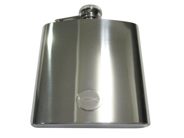 Silver Toned Etched Oval Religious Ichthys Fish 6oz Flask