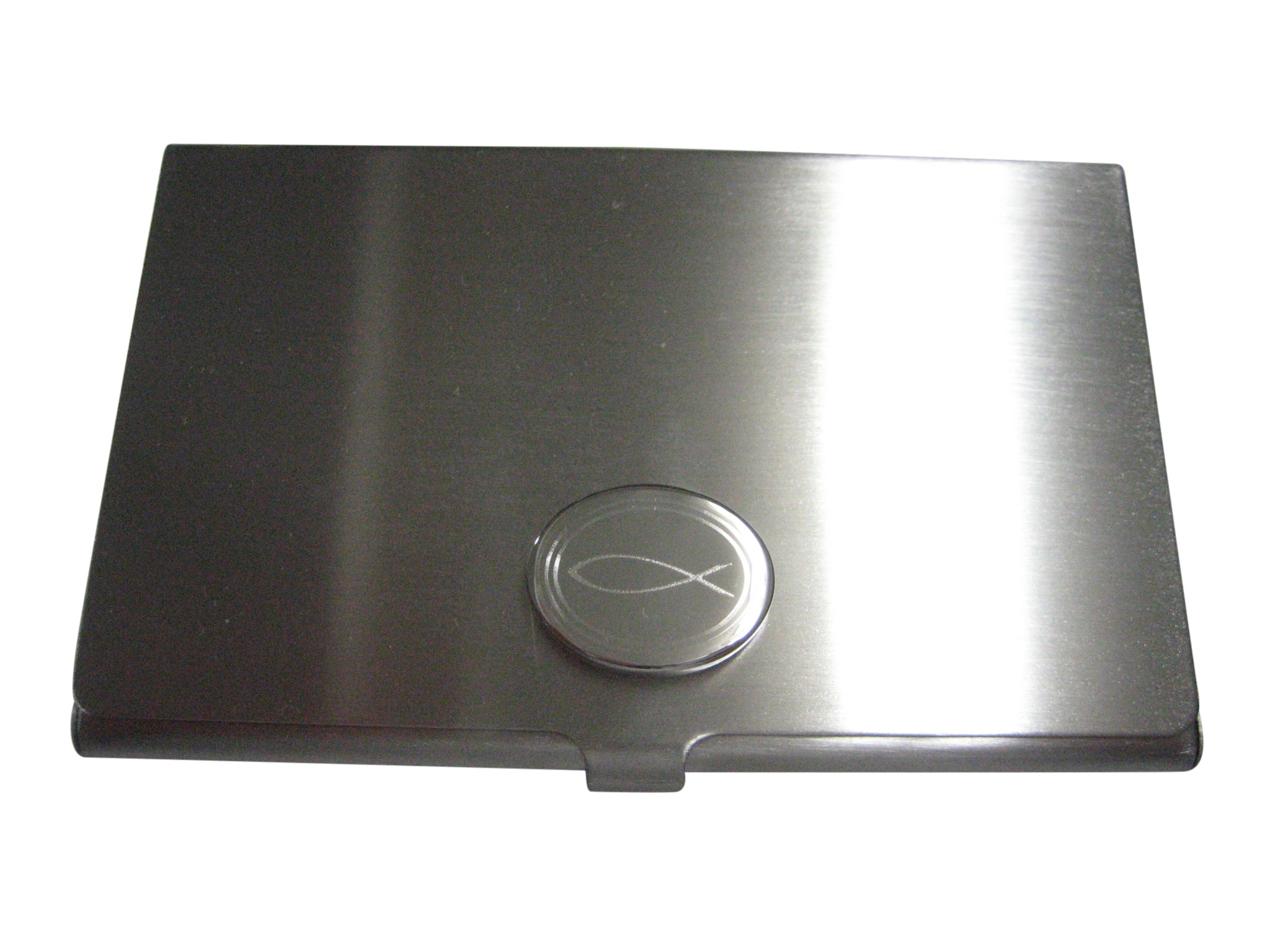 Silver Toned Etched Oval Religious Ichthys Fish Business Card Holder