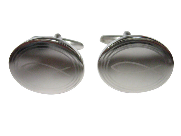Silver Toned Etched Oval Religious Ichthys Fish Cufflinks