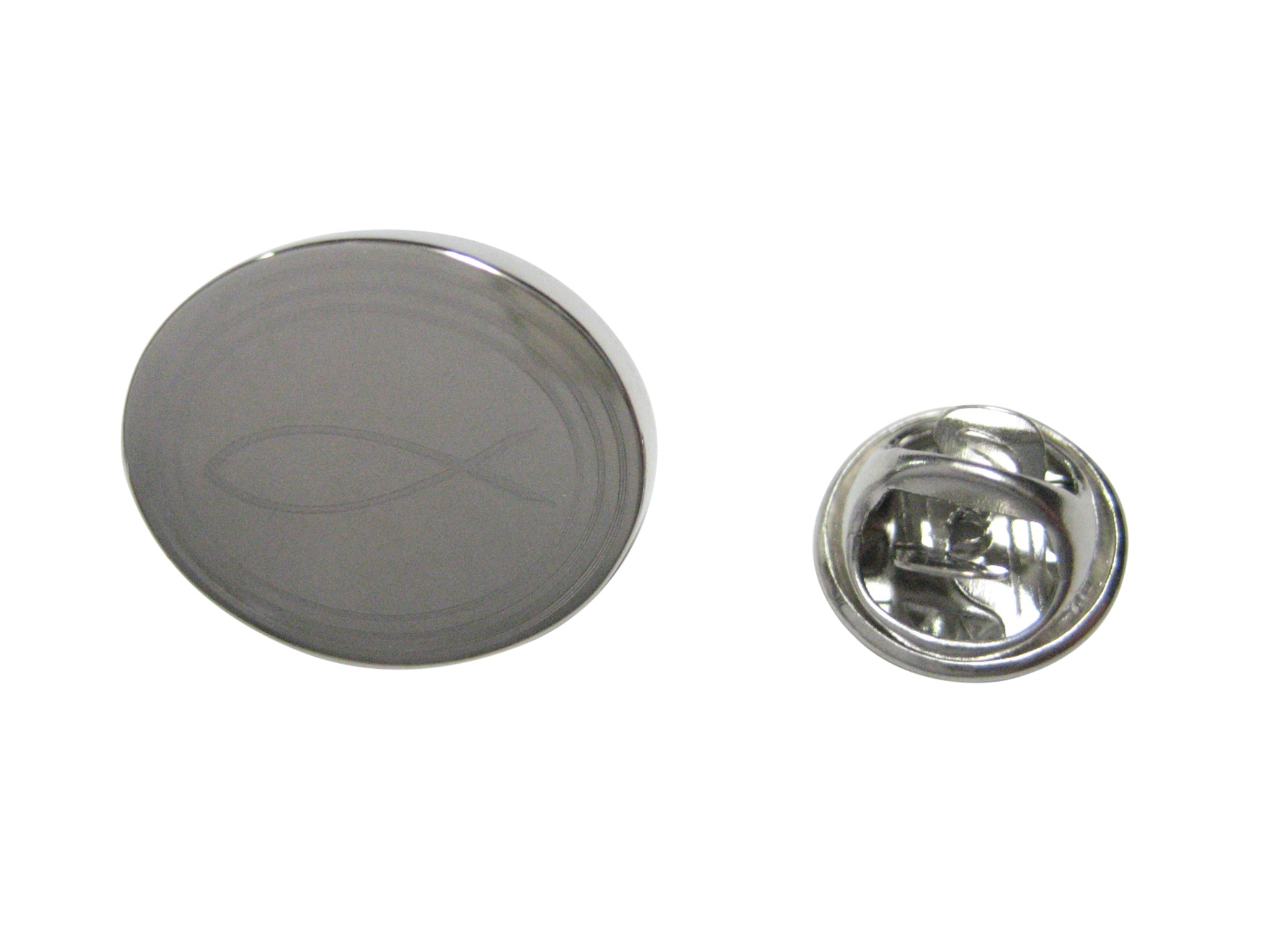 Silver Toned Etched Oval Religious Ichthys Fish Lapel Pin