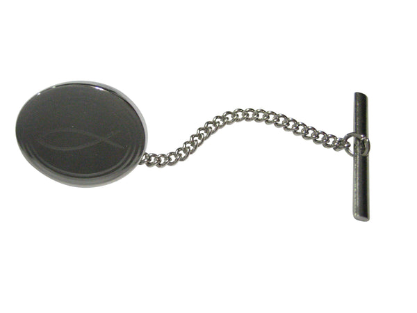 Silver Toned Etched Oval Religious Ichthys Fish Tie Tack
