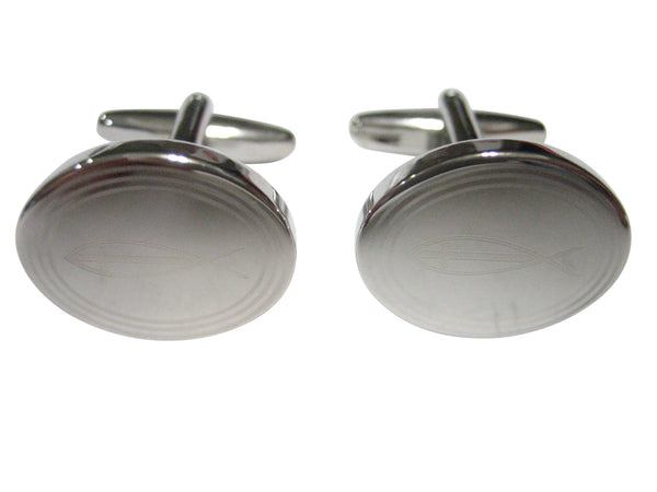 Silver Toned Etched Oval Religious Ichthys Fish with Cross Cufflinks