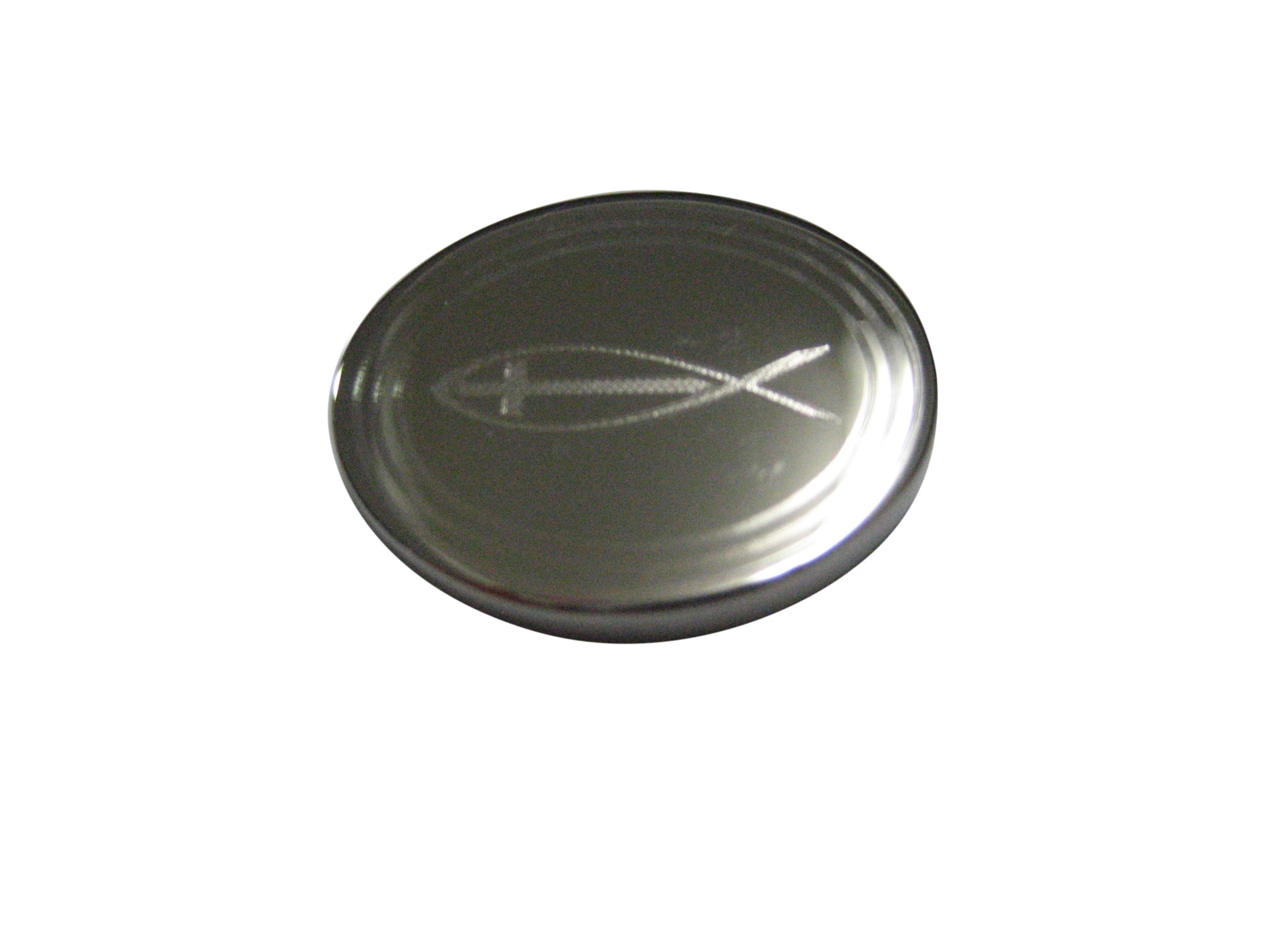 Silver Toned Etched Oval Religious Ichthys Fish with Cross Magnet