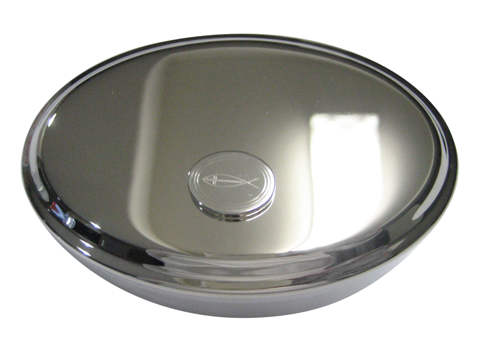 Silver Toned Etched Oval Religious Ichthys Fish with Cross Oval Trinket Jewelry Box
