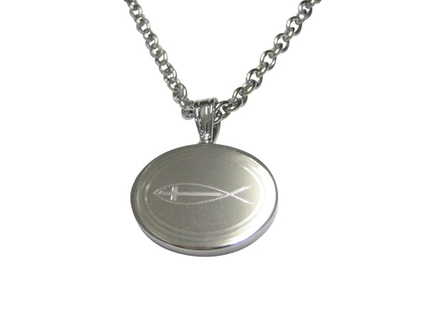 Silver Toned Etched Oval Religious Ichthys Fish with Cross Pendant Necklace