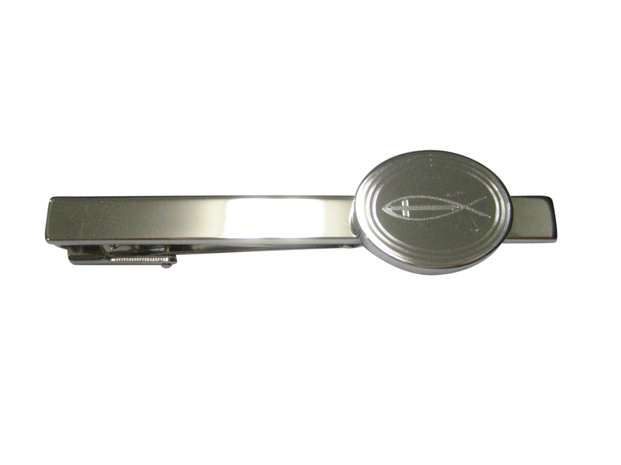 Silver Toned Etched Oval Religious Ichthys Fish with Cross Tie Clip