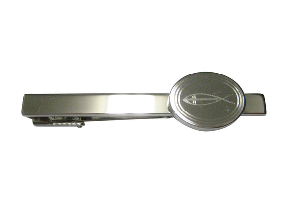 Silver Toned Etched Oval Religious Ichthys Fish with Cross Tie Clip