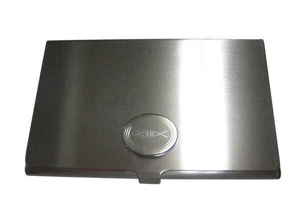 Silver Toned Etched Oval Religious Ichthys Jesus Fish Business Card Holder