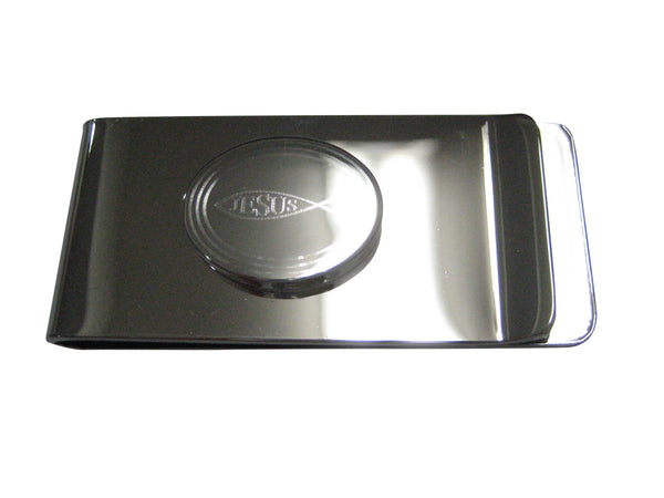 Silver Toned Etched Oval Religious Ichthys Jesus Fish Money Clip