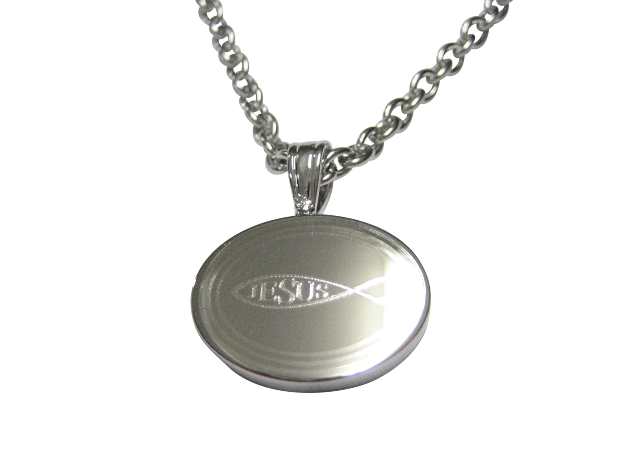 Silver Toned Etched Oval Religious Ichthys Jesus Fish Pendant Necklace