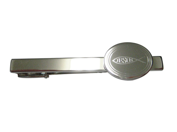 Silver Toned Etched Oval Religious Ichthys Jesus Fish Tie Clip