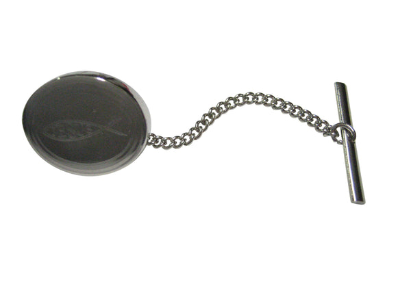 Silver Toned Etched Oval Religious Ichthys Jesus Fish Tie Tack