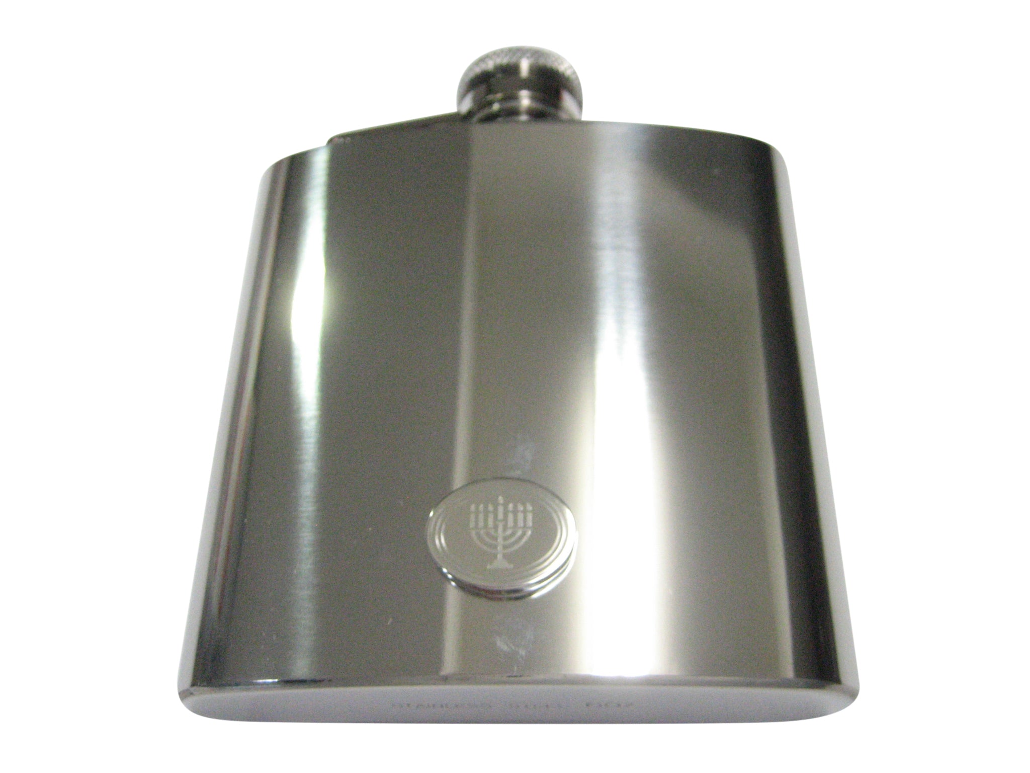 Silver Toned Etched Oval Religious Menorah 6oz Flask