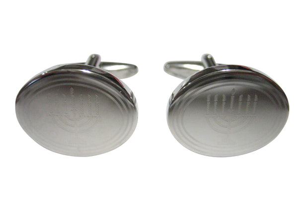 Silver Toned Etched Oval Religious Menorah Cufflinks