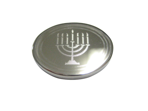 Silver Toned Etched Oval Religious Menorah Magnet