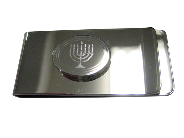 Silver Toned Etched Oval Religious Menorah Money Clip