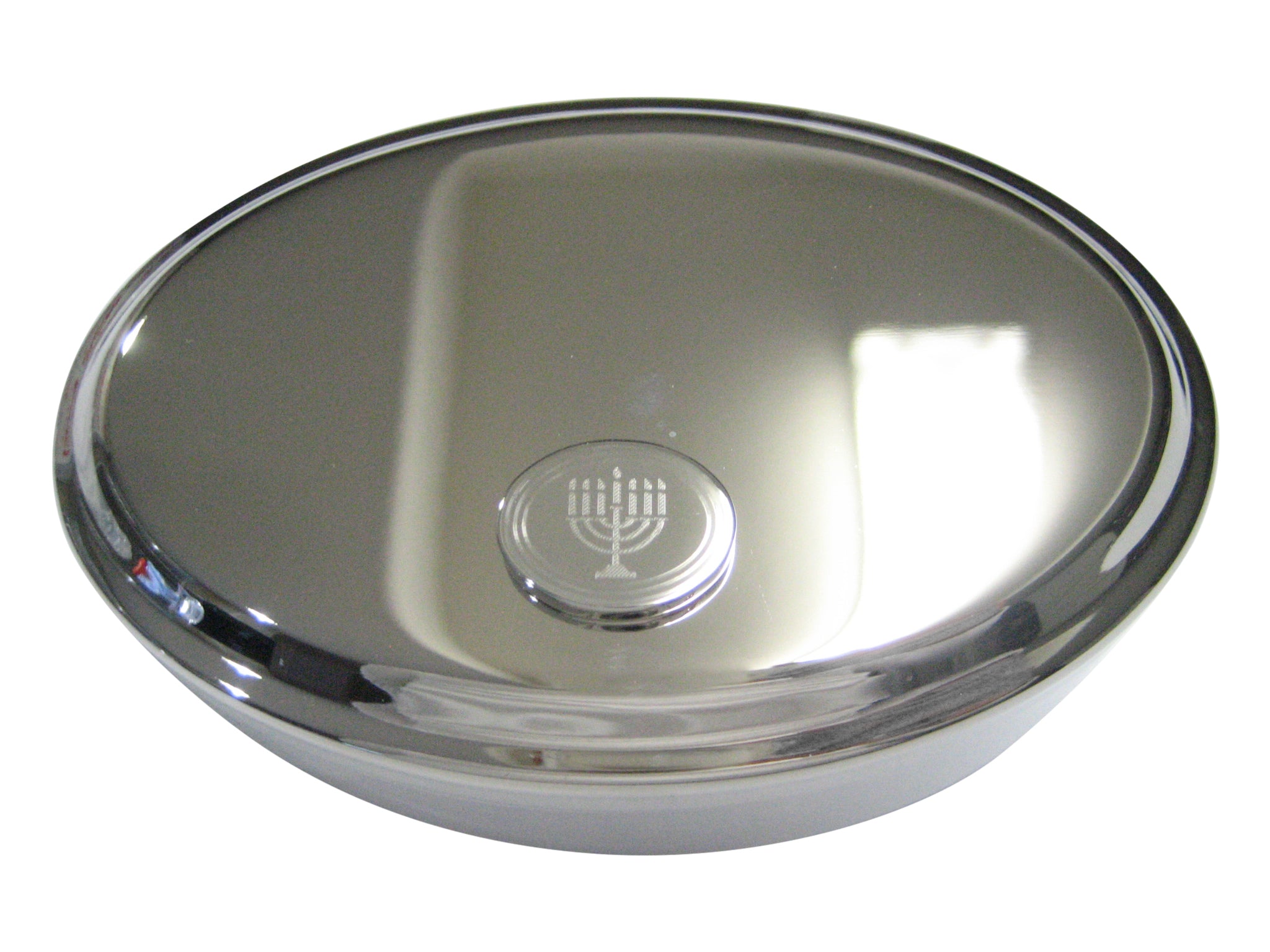 Silver Toned Etched Oval Religious Menorah Oval Trinket Jewelry Box