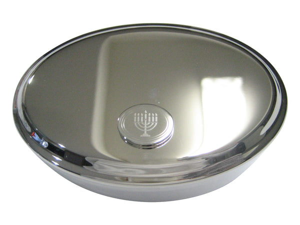 Silver Toned Etched Oval Religious Menorah Oval Trinket Jewelry Box