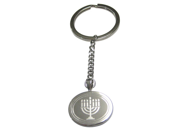 Silver Toned Etched Oval Religious Menorah Pendant Keychain