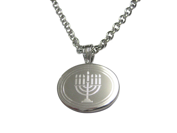 Silver Toned Etched Oval Religious Menorah Pendant Necklace