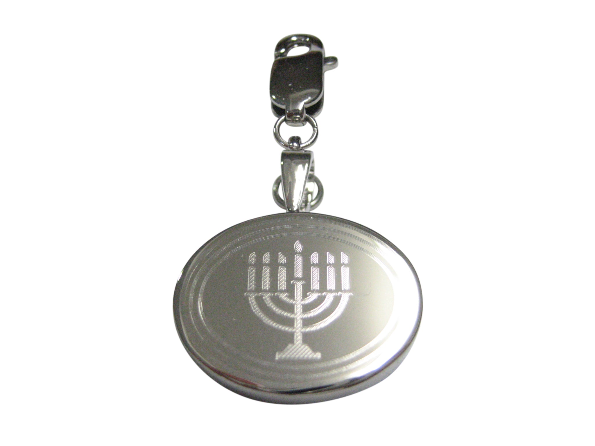 Silver Toned Etched Oval Religious Menorah Pendant Zipper Pull Charm