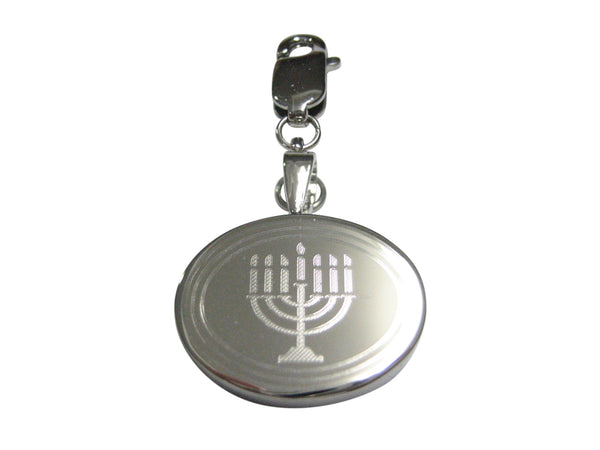 Silver Toned Etched Oval Religious Menorah Pendant Zipper Pull Charm