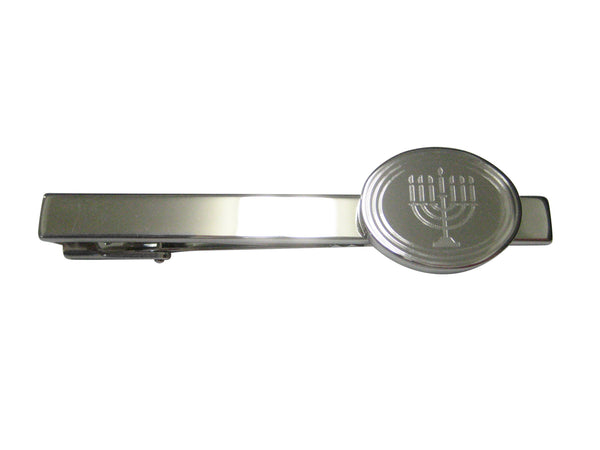 Silver Toned Etched Oval Religious Menorah Tie Clip