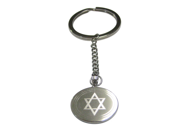 Silver Toned Etched Oval Religious Star of David Pendant Keychain