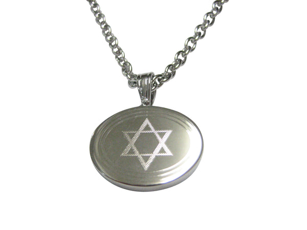 Silver Toned Etched Oval Religious Star of David Pendant Necklace