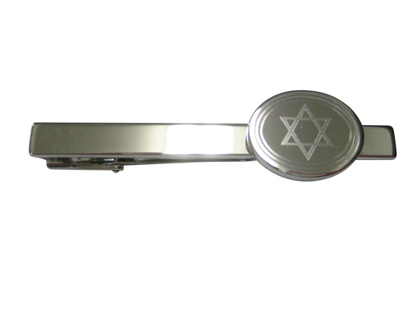 Silver Toned Etched Oval Religious Star of David Tie Clip